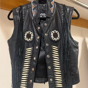 Black Leather Vest with Fringe and Beaded Details